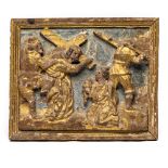 A polychrome and gilt wooden relief depicting Christ and Saint Veronica, 18th C.