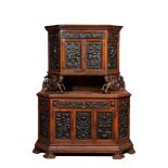 A carved oak buffet with stamped copper panels, 19/20th C.