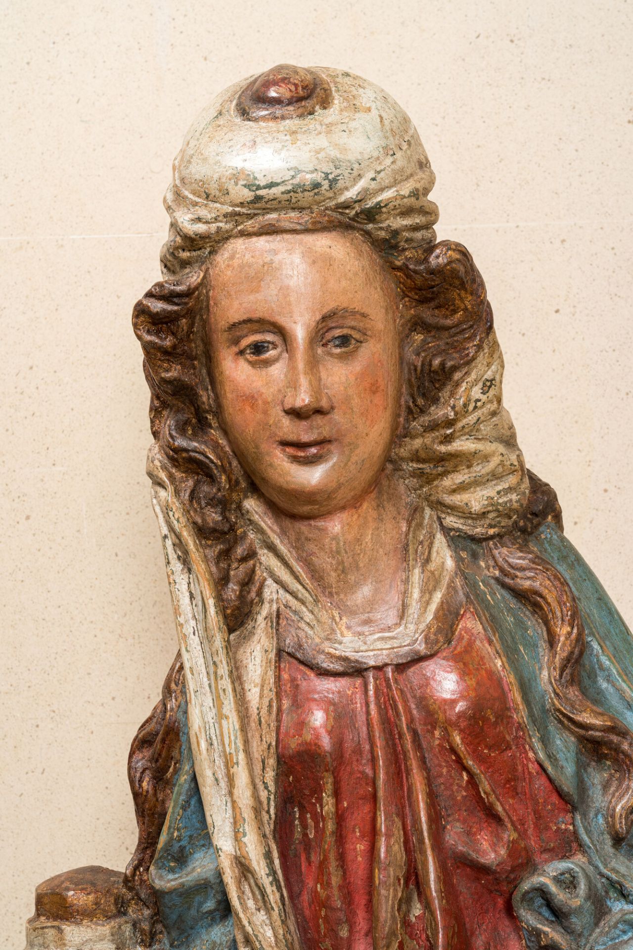 A large polychromed wooden figure of Saint Barbara, -Southern Netherlands, mid 16th C. - Image 3 of 6