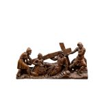 A Flemish carved oak retable fragment depicting the 'Road to Calvary with Saint Veronica', 16th C.