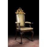 An impressive English partly gilt wooden masonic throne chair with leather upholstery, 19th C.