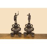A pair of patinated bronze chenets with Greek gods, 19th C.