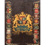 A painted canvas with the arms of Dutour surrounded by allied crests, 18th C.