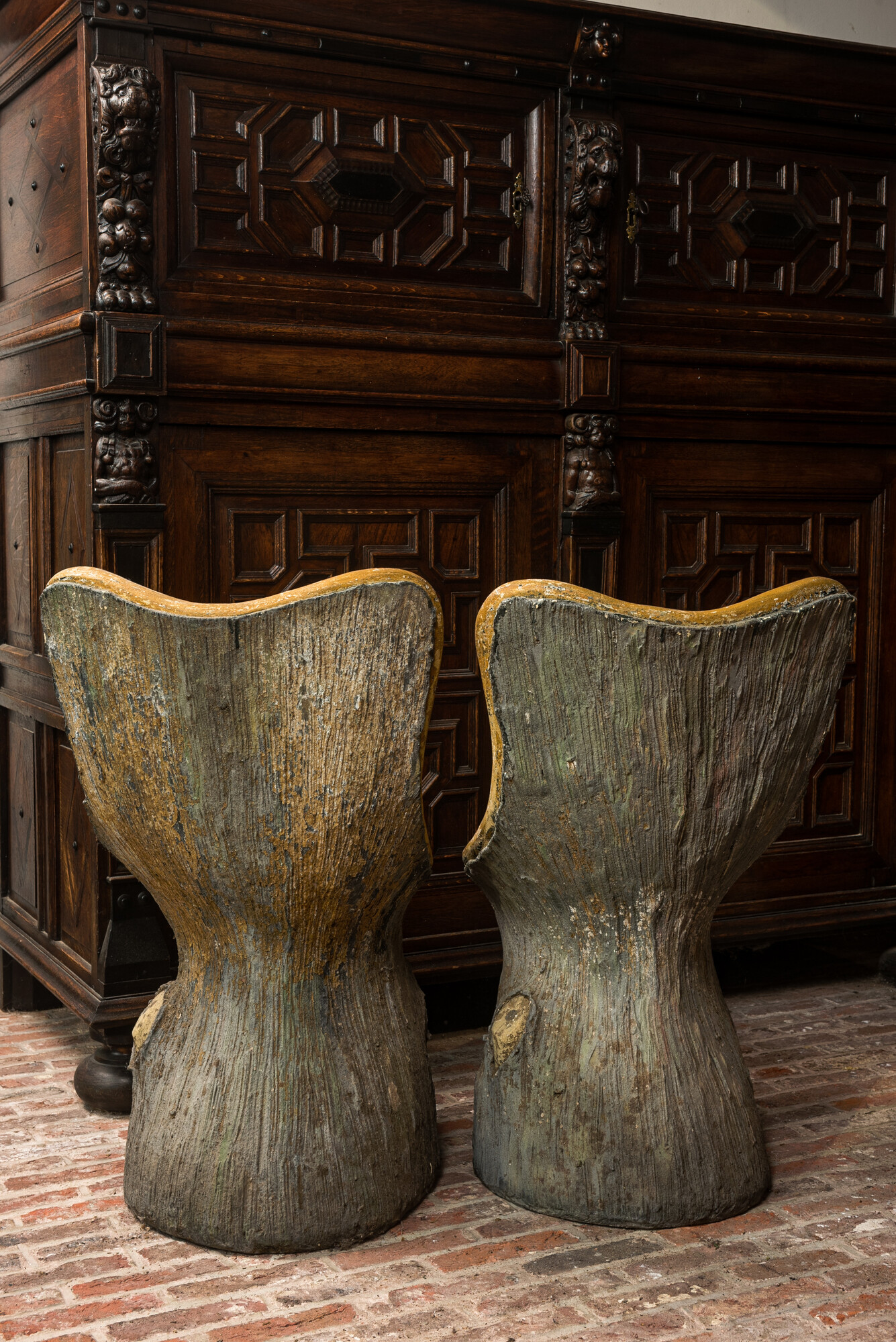 A pair of English naturalistically painted composite stone tree trunk chairs, mid 20th C. - Image 2 of 2