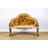 An Italian polychrome and gilt wooden bench with poultry in a landscape, 19th C.