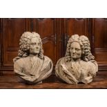 A pair of French stone busts of noblemen, 18th C.