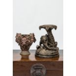 A faux bronze pottery group of lion killing a camel & patinated jardinière w. lion's heads, 19th C.