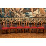 Six Swedish wooden Louis XVI-style chairs with red upholstery, 19th C.