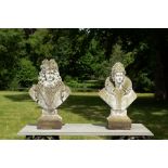 A pair of impressive composite stone busts of a couple of 17th C. royals, 20th C.