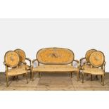 A French five-piece gilt wooden salon set comprising a sofa and four armchairs with embroidered upho