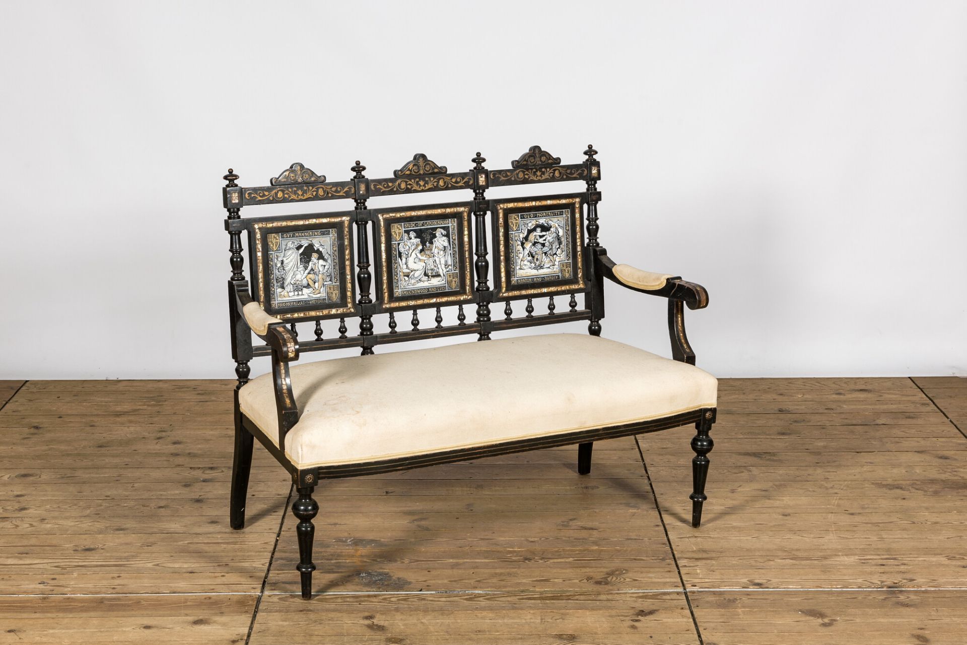 An English ebonised wooden sofa with mother-of-pearl inlaid and three Minton Waverley plaques by Joh - Image 2 of 4