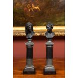 A pair of partly patinated pewter busts on a pedestal, 19th C.
