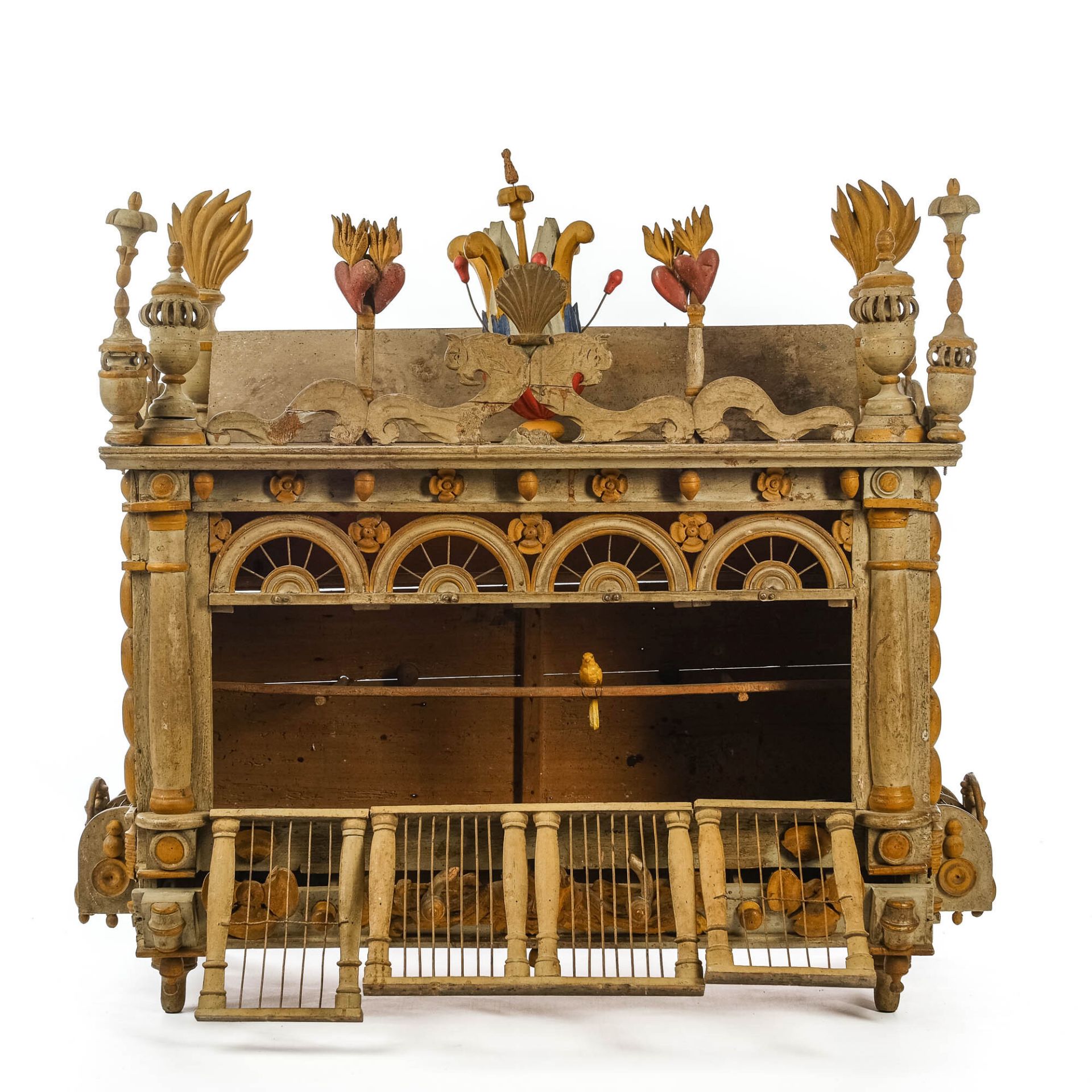 A large painted wooden birdcage, 18/19th C. - Image 6 of 8