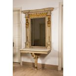 An impressive French Empire-style gray-patinated and gilt wooden mirror console with marble top, 19t