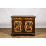 A partly veneered oak wooden Art Nouveau-style linen cupboard with marble top, 20th C.