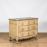 A French Louis XV-style patinated oak wooden chest of drawers with faux marbre top, 18th C.