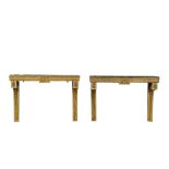 A pair of French gilt and patinated wooden consoles with marble top, 19th C.