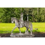 A large concrete garden statue with lighting in the shape of a galant rider on horse, 20th C.