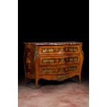 A French Louis XV-style bronze mounted marquetry chest of drawers with marble top, 19th C.