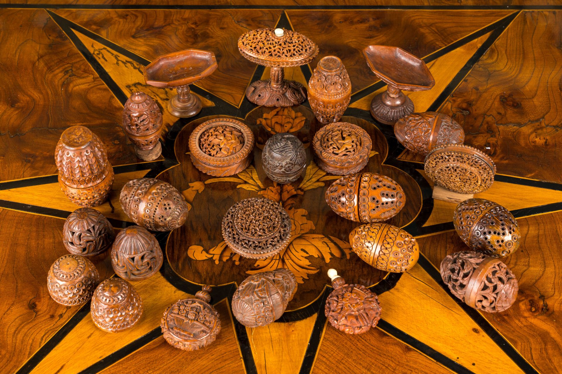 Twenty-two corozo wooden tobacco boxes and containers, France, 18/19th C.