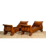 A pair of French mahogany beds or 'lits en bateau', 19th C.