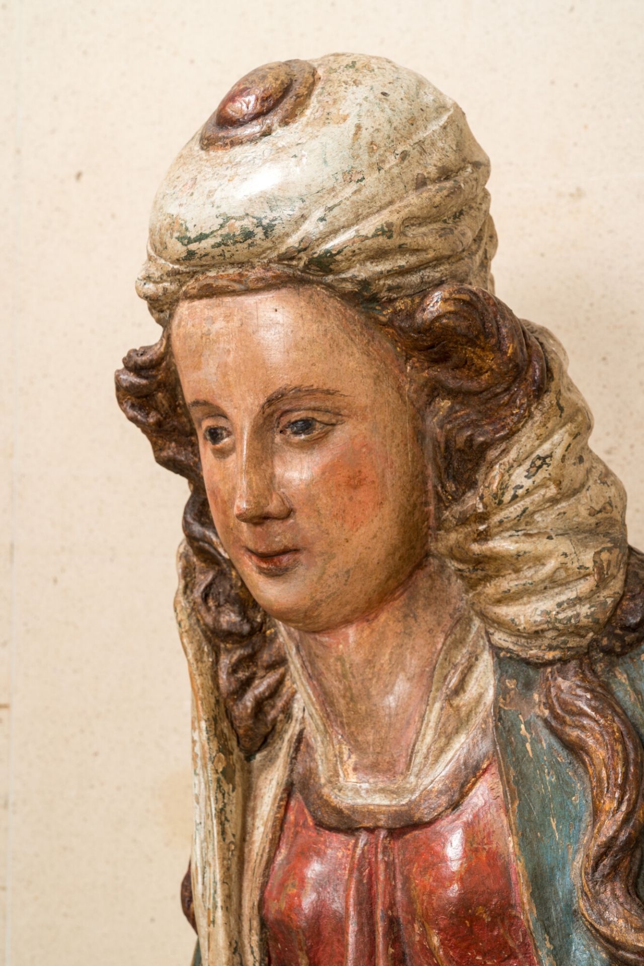 A large polychromed wooden figure of Saint Barbara, -Southern Netherlands, mid 16th C. - Image 6 of 6