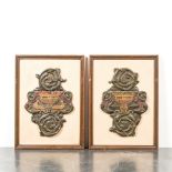 A pair of decorative framed polychromed wooden ornaments from a church bench, probably Friesland, Th
