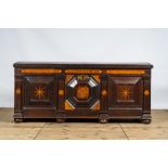 An imposing oak wooden linen coffer with marquetry, personalized inscription and date 1778, 18th C.