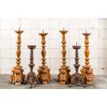 Three pairs of large painted wooden candlesticks, 19th C.