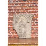 An architectural sandstone fragment with Saint Mark and a lion, 14/15th C.