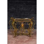 A Louis XV-style polychrome wrought iron console with black marble top, 19th C.