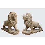 A pair of large patinated wooden lions, 19th C.