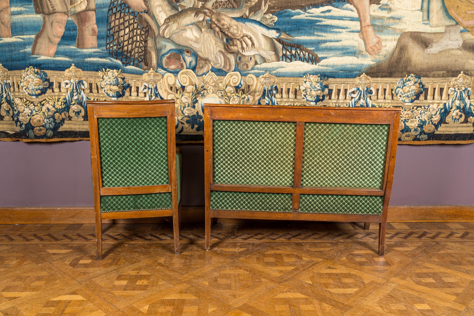A green-upholstered carved wooden salon set with a two-seater, a fauteuil and three armchairs, 19th - Image 3 of 5