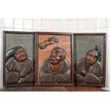 Three Japanese lacquered carved wooden panels, Meiji, 19th C.