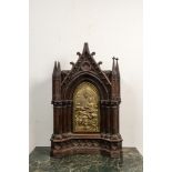 A French oak Gothic Revival tabernacle with gilt bronze plaque, inscribed and dated 1872