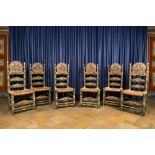 Six Spanish polychromed and gilt wooden chairs with wicker upholstery, 19th C.