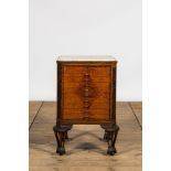 A burl wood veneered coin cabinet with marble top, 20th C.