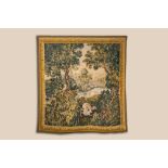 A French Aubusson wall tapestry with a wolf battling a fox in a forest setting with castle view, 19t