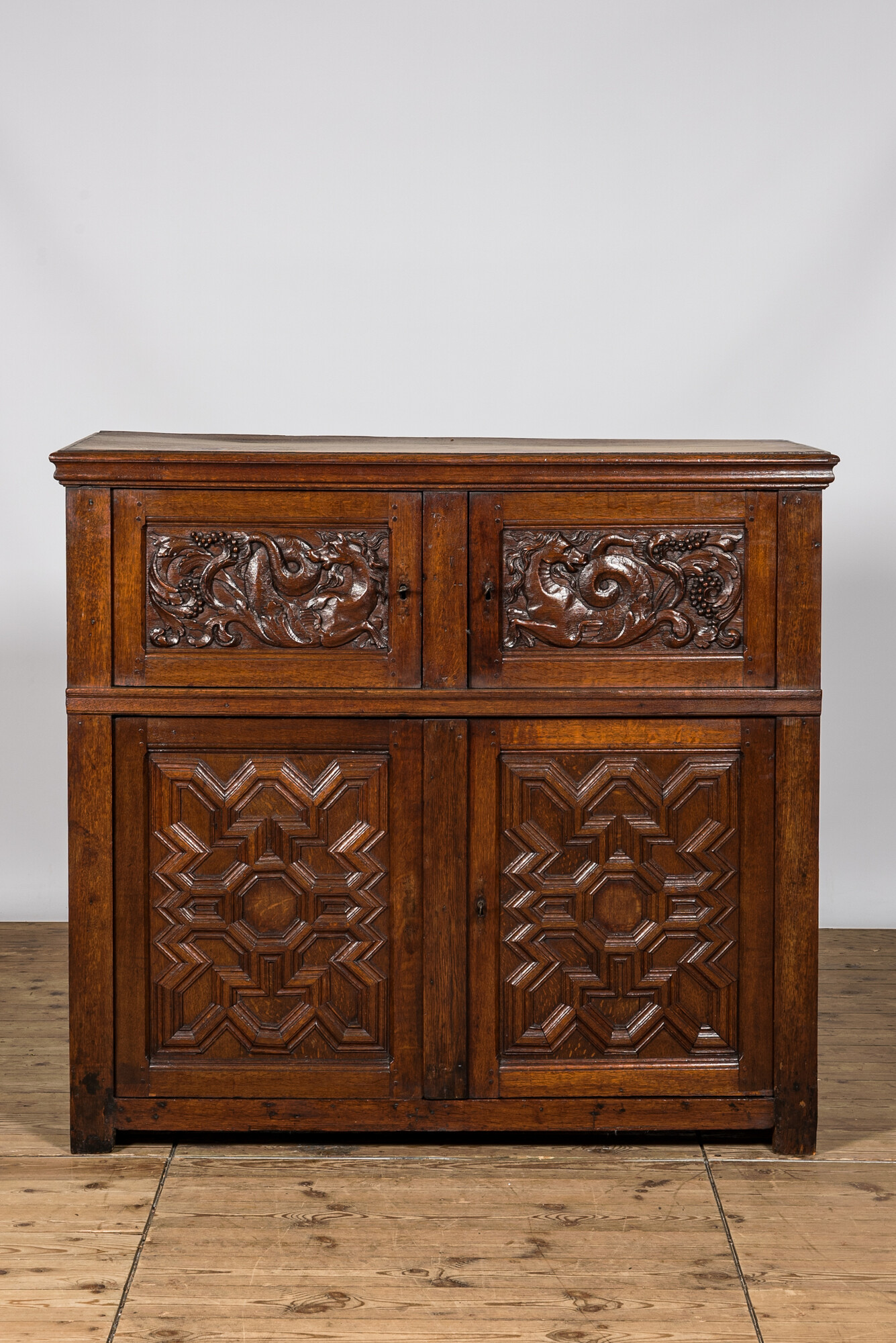 A Flemish oak wooden four-door cupboard with seahorses, 17th C. and later - Image 2 of 3