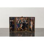 A French Limoges style enamel triptych depicting the Kiss of Judas, The Crowning with Thorns and The