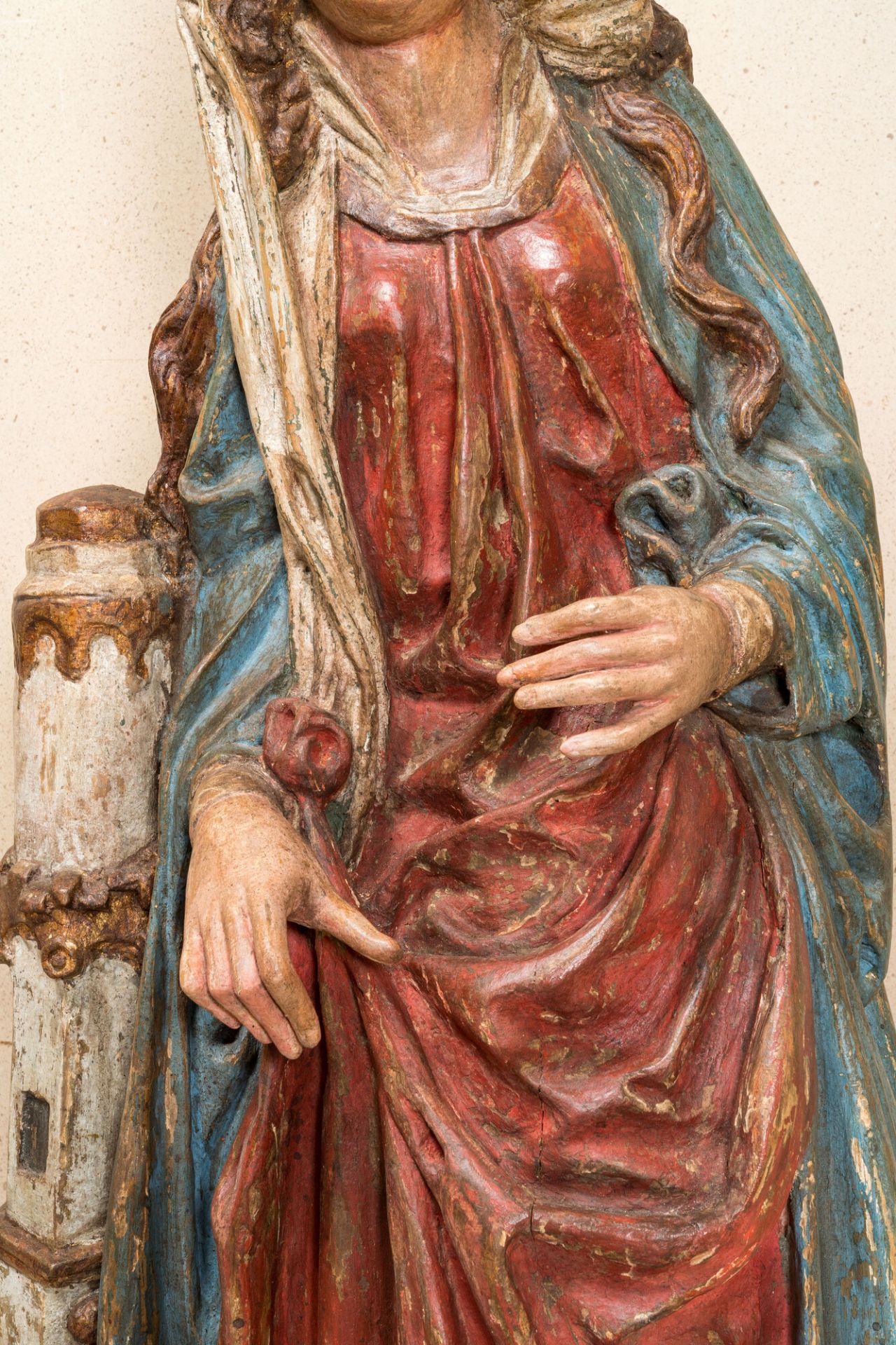 A large polychromed wooden figure of Saint Barbara, -Southern Netherlands, mid 16th C. - Image 4 of 6