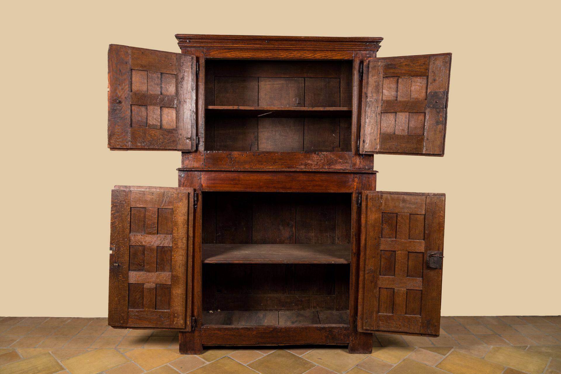 A Spanish wooden four-door cupboard with cast iron locks and hinges, 17th C. - Image 2 of 2