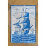 A six-piece Dutch Delft blue and white tile mural with a two-master, 19th C.