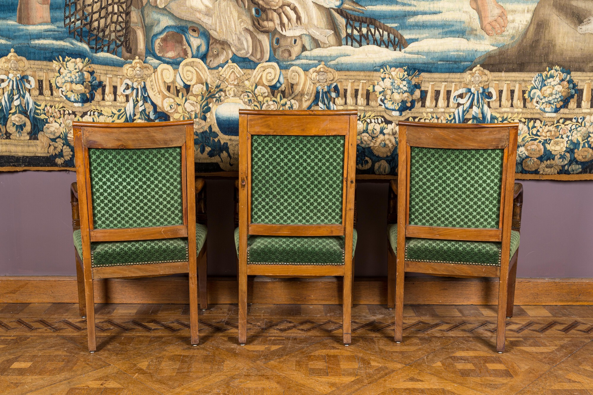 A green-upholstered carved wooden salon set with a two-seater, a fauteuil and three armchairs, 19th - Image 5 of 5