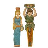 Two polychrome wooden reliefs of Erato holding her lyre andÊ of a young atlant, 19th C.