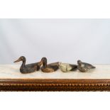 Two polychrome wooden decoy ducks and two pigeons, 19/20th C.