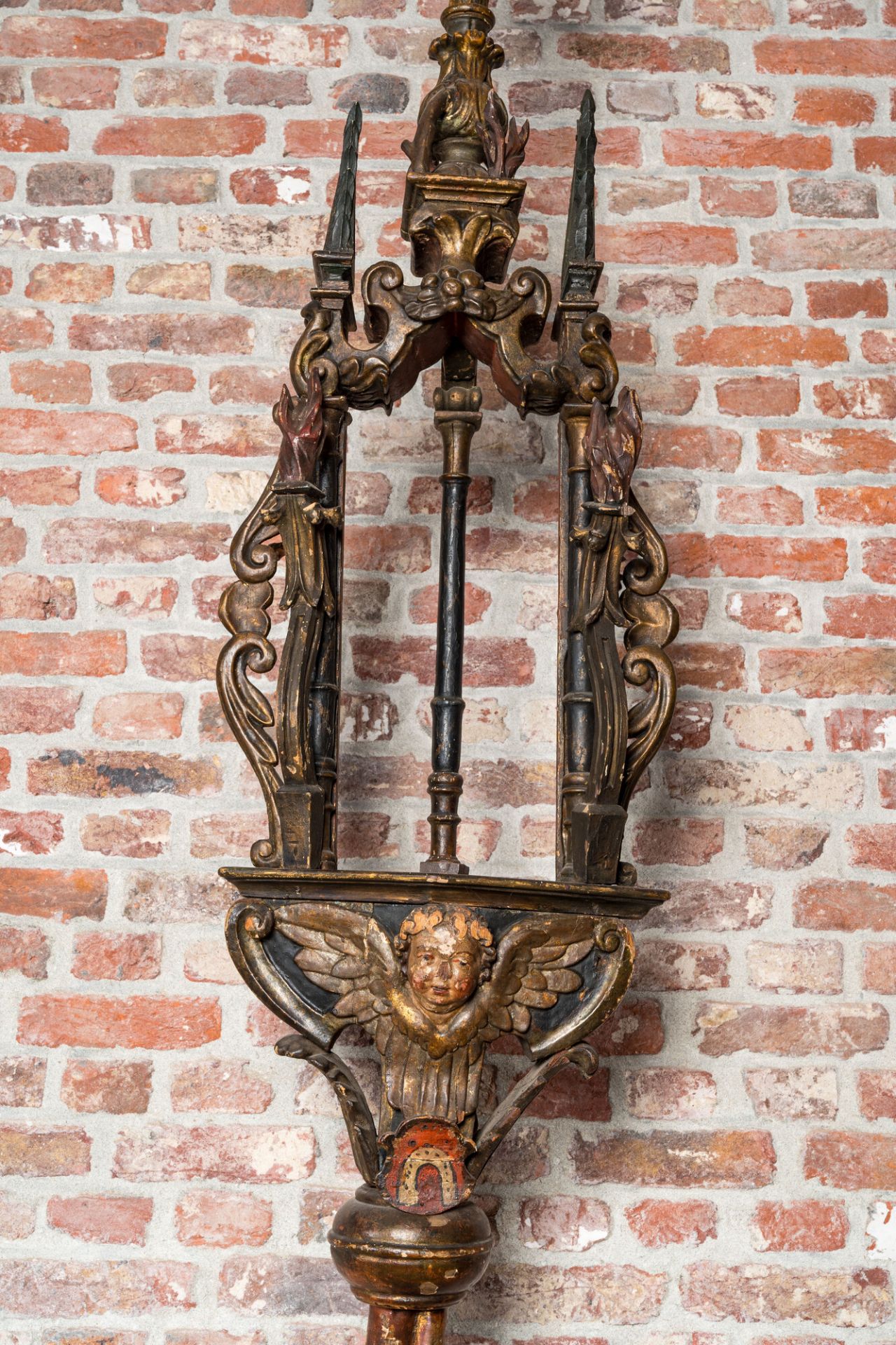 A pair of large polychromed and gilt processional torches with cherub heads, 18th C. - Image 6 of 6