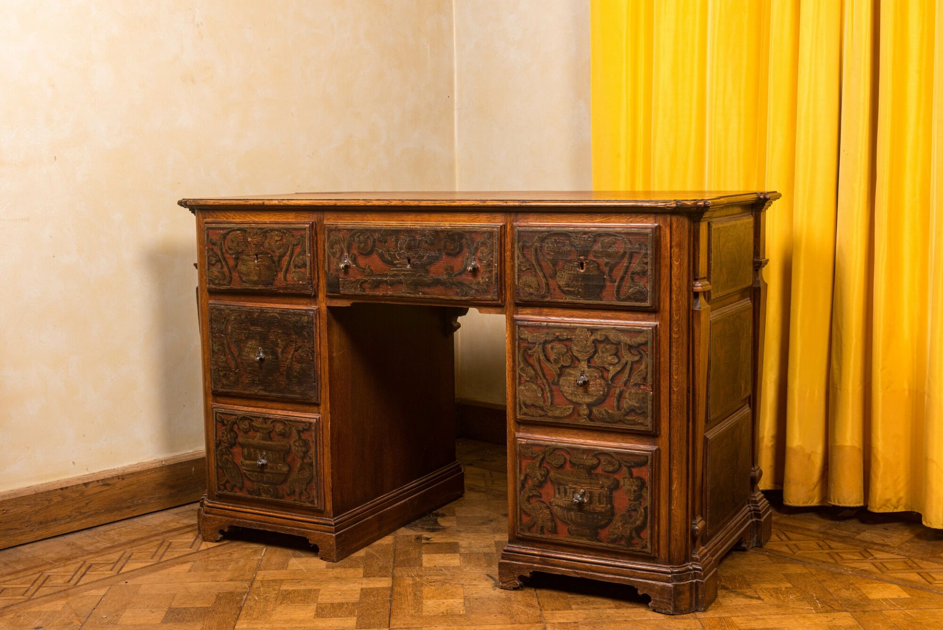 A wooden desk with six drawers with painted panels, 19th C. - Bild 3 aus 5