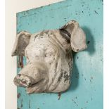 A white-patinated pig's head mounted on a turquoise-ground cabinet door, 20th C.