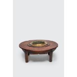 A round pine wood coffee table with copper center or brasero, 19/20th C.